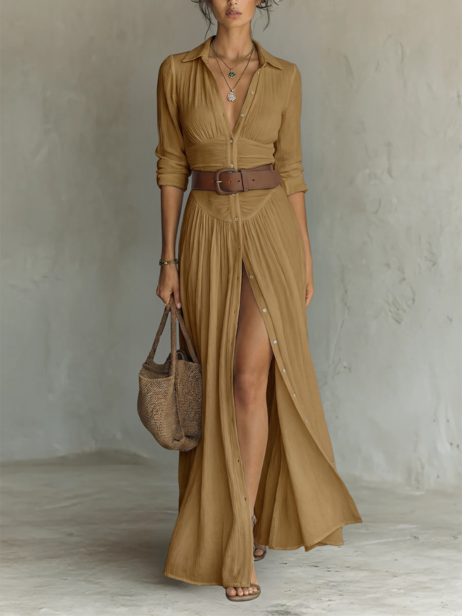 Langes Leinen-Maxikleid für Damen mit Reverskragen und langen Ärmeln