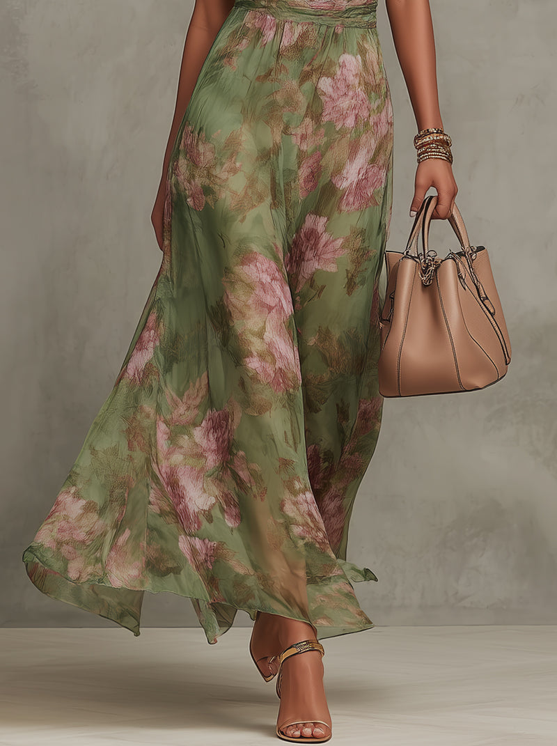 Serena · Green Floral Chiffon Halterneck Maxi Dress