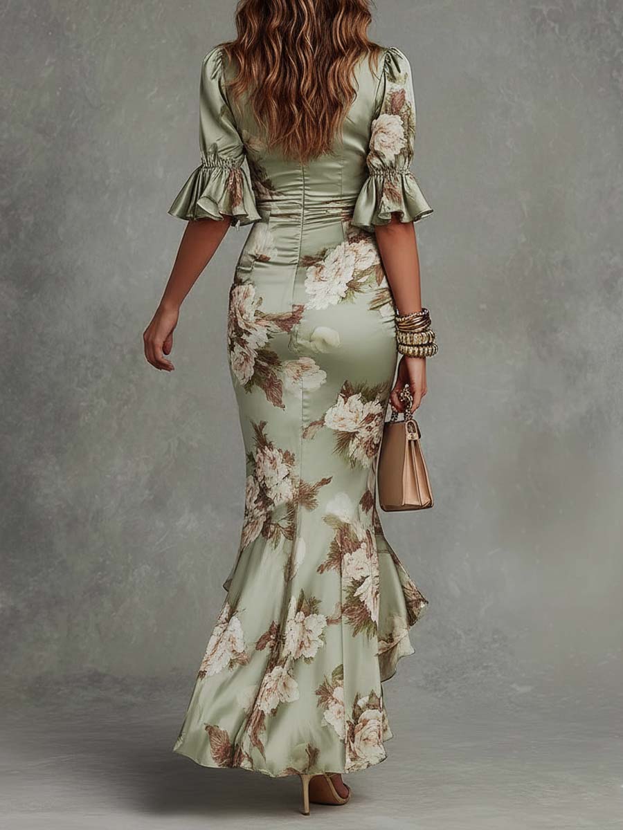 Ana - Asymmetrisches langes Satin-Kleid in Grün mit V-Ausschnitt