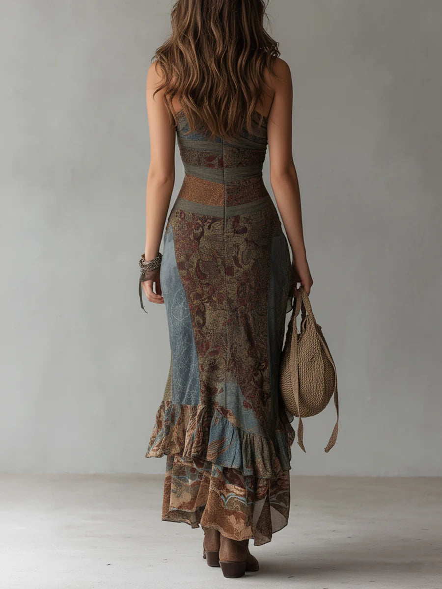 Elena · Langes One-Shoulder-Kleid mit Ethno-Print und hohem Schlitz