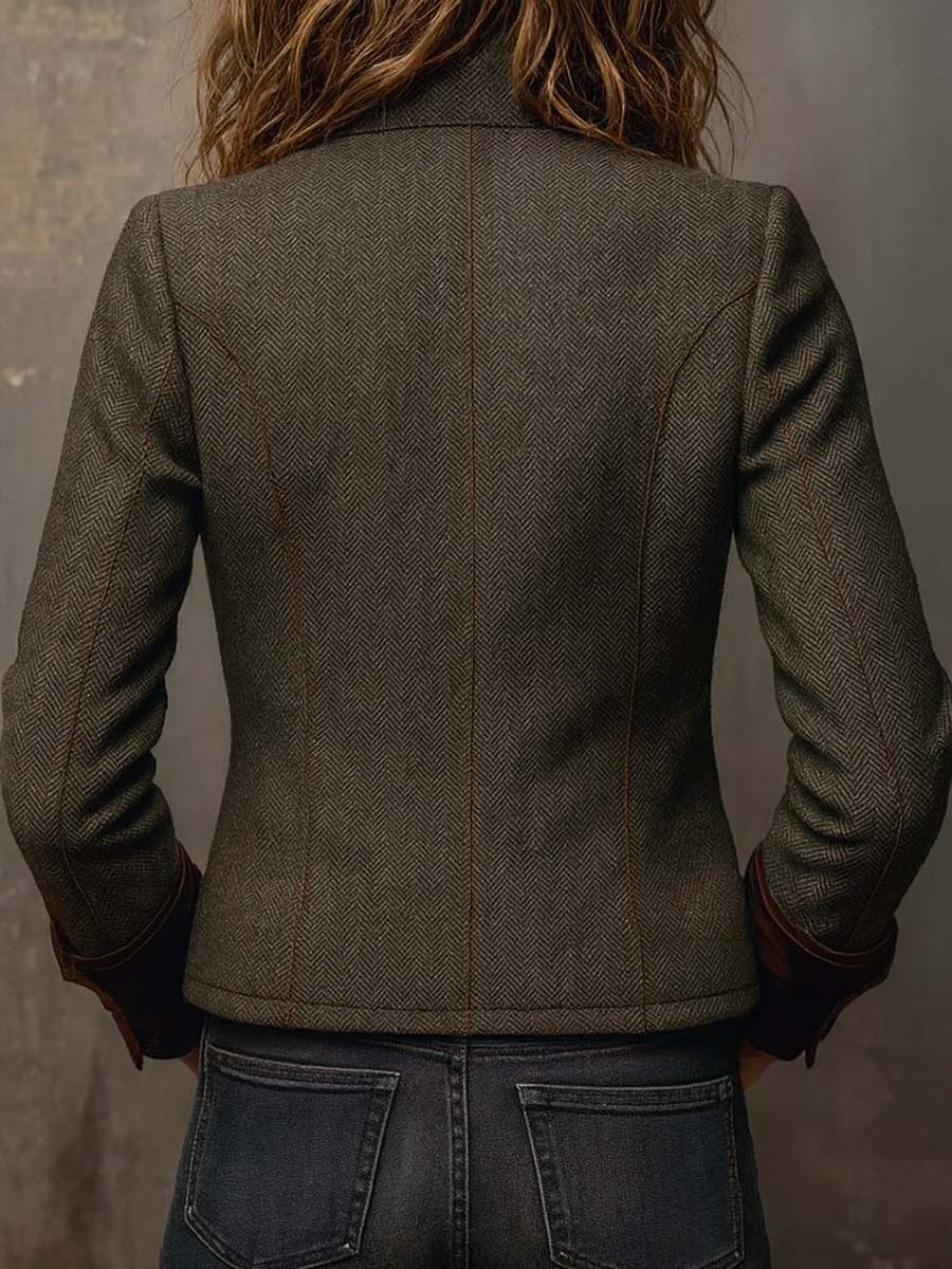 Honorine | Blazer Vintage con Motivo Chevron e Profili a Contrasto
