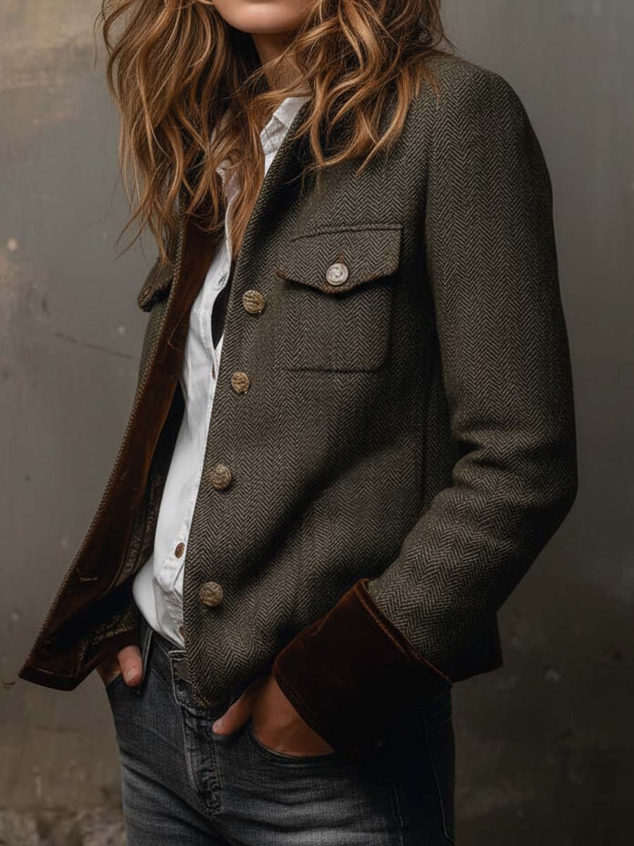 Honorine | Blazer Vintage con Motivo Chevron e Profili a Contrasto
