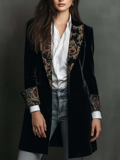 Léontine | Blazer Nero Sartoriale con Stampa Barocca