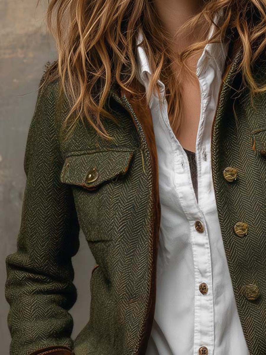 Honorine | Blazer Vintage con Motivo Chevron e Profili a Contrasto