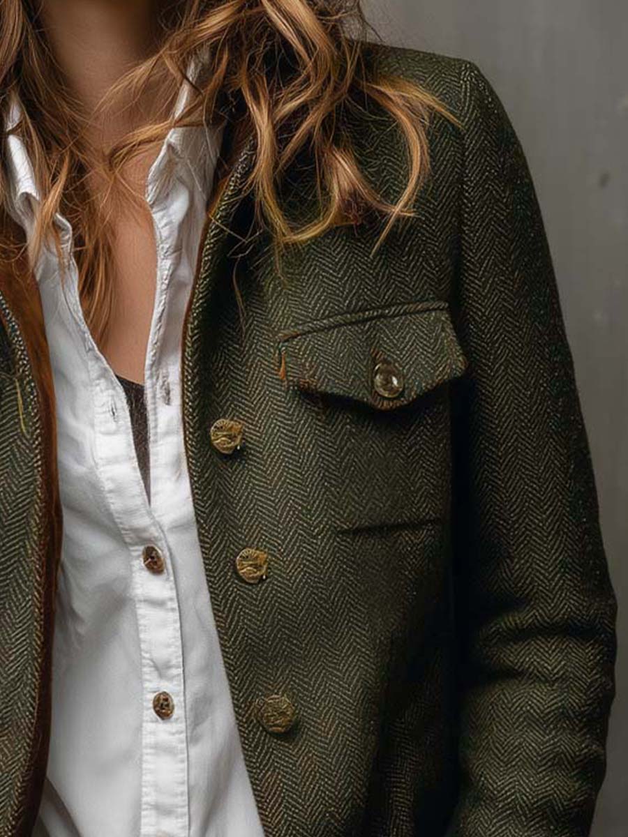 Honorine | Blazer Vintage con Motivo Chevron e Profili a Contrasto