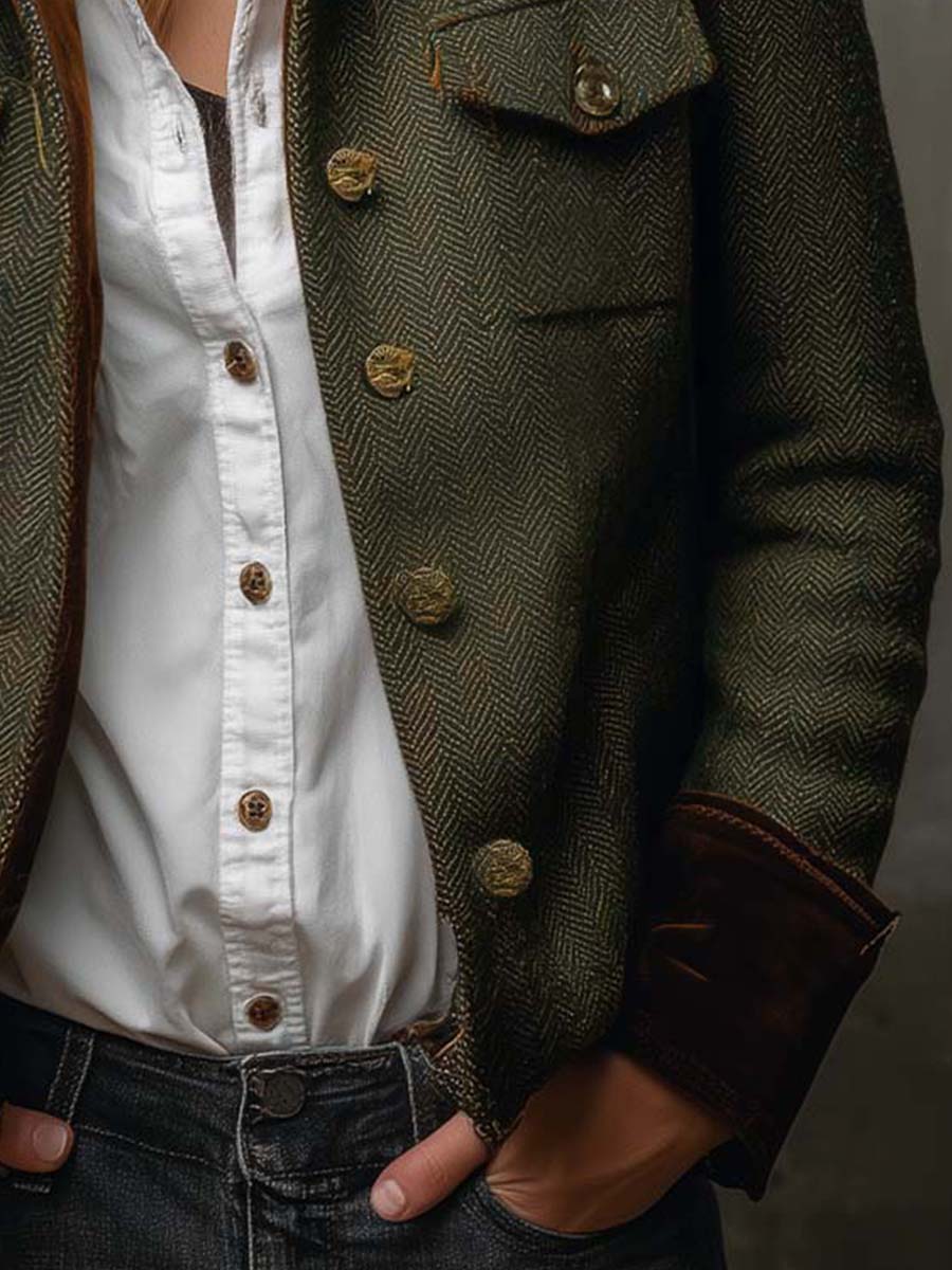 Honorine | Blazer Vintage con Motivo Chevron e Profili a Contrasto
