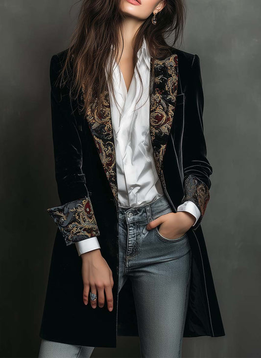 Léontine | Blazer Nero Sartoriale con Stampa Barocca