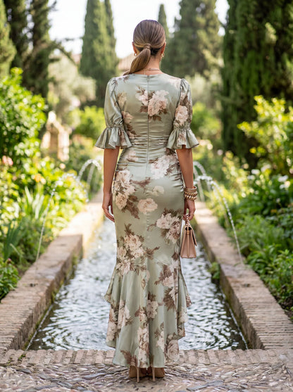 Ana - Green Satin Asymmetric V-Neck Maxi Dress