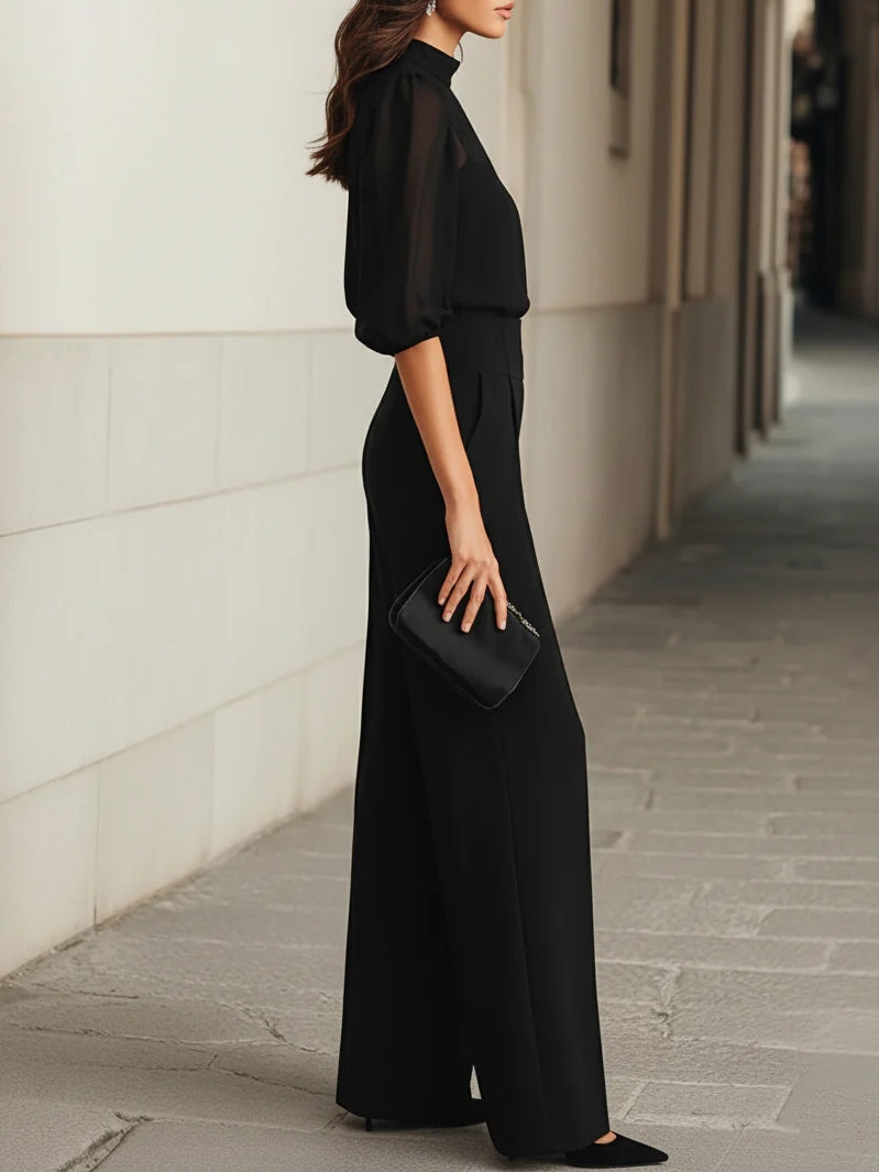 Valentina • Conjunto de tres piezas negro, compuesto por top lencero transparente y pantalones anchos
