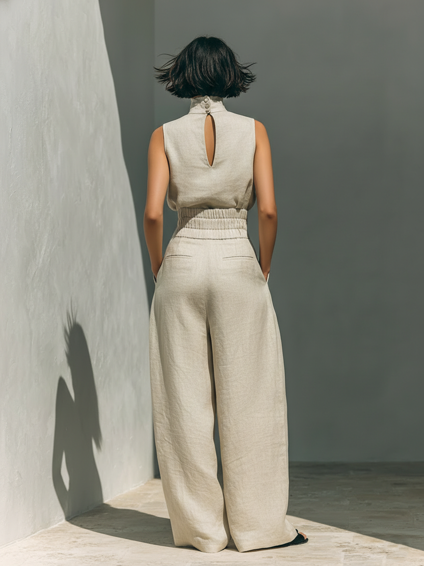 Aurora • Set bestehend aus beigem, ärmellosem Top in Leinenoptik aus Baumwoll-Leinen-Mix und weiter Hose
