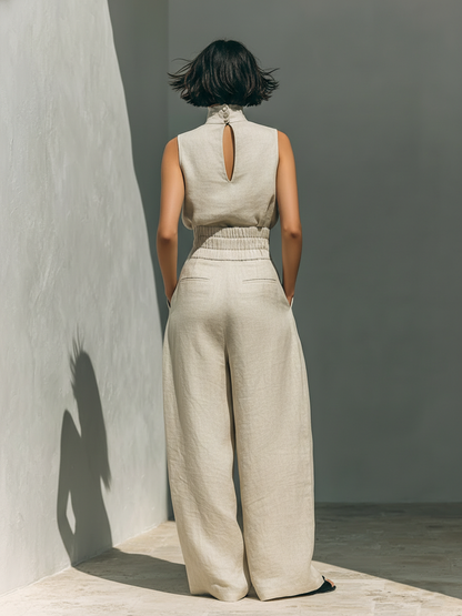 Aurora • Set bestehend aus beigem, ärmellosem Top in Leinenoptik aus Baumwoll-Leinen-Mix und weiter Hose