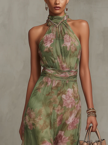 Serena · Green Floral Chiffon Halterneck Maxi Dress