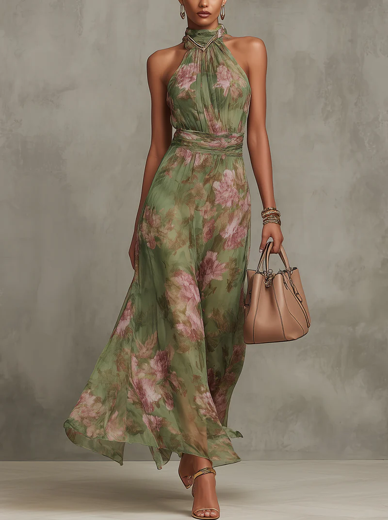Serena · Green Floral Chiffon Halterneck Maxi Dress