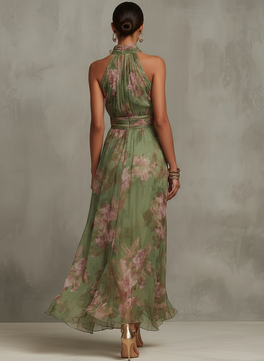 Serena · Green Floral Chiffon Halterneck Maxi Dress