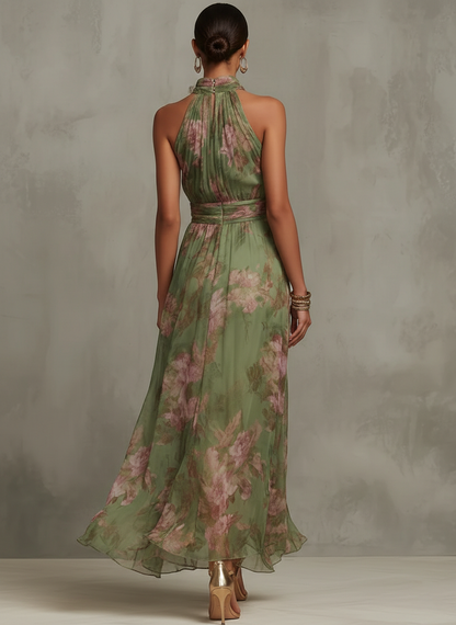 Serena · Green Floral Chiffon Halterneck Maxi Dress