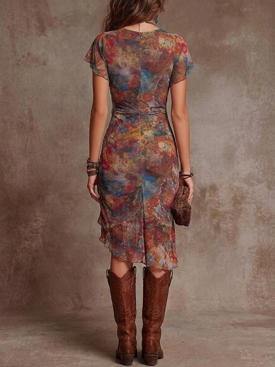 Martina · Plissiertes Midikleid mit V-Ausschnitt, Abstraktes Kunstmuster im Boho-Stil