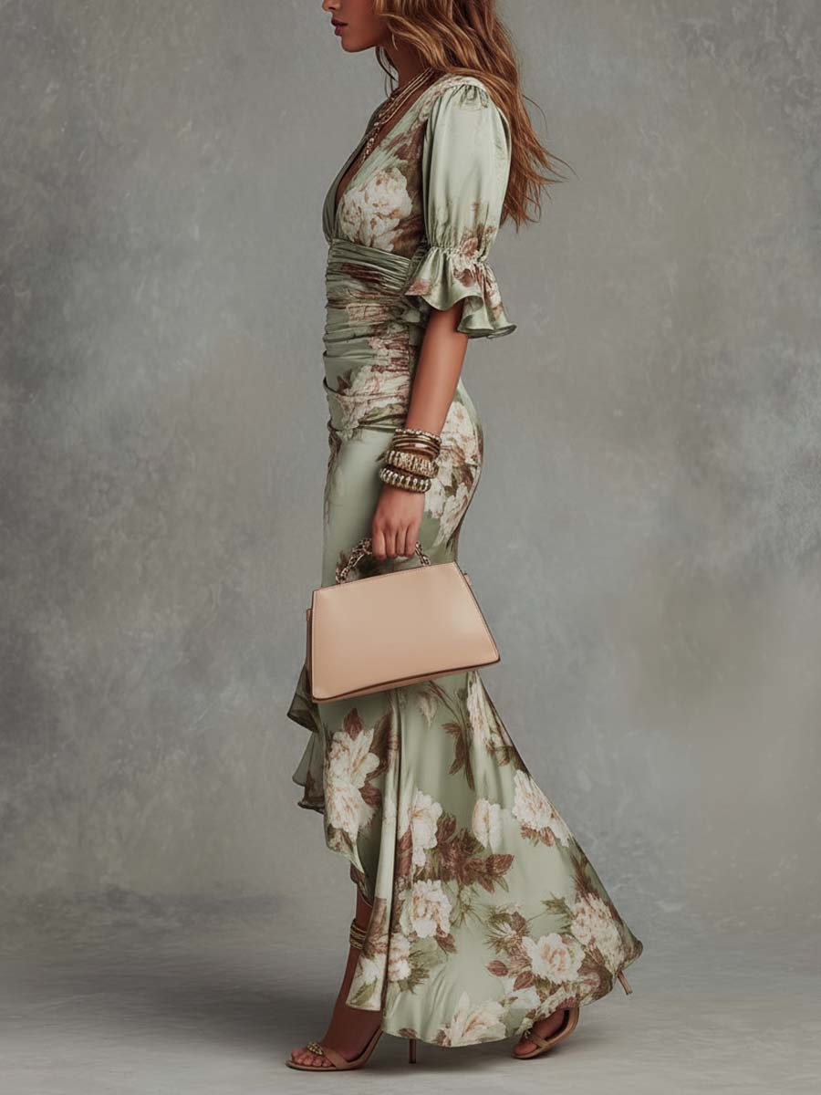 Ana - Green Satin Asymmetric V-Neck Maxi Dress