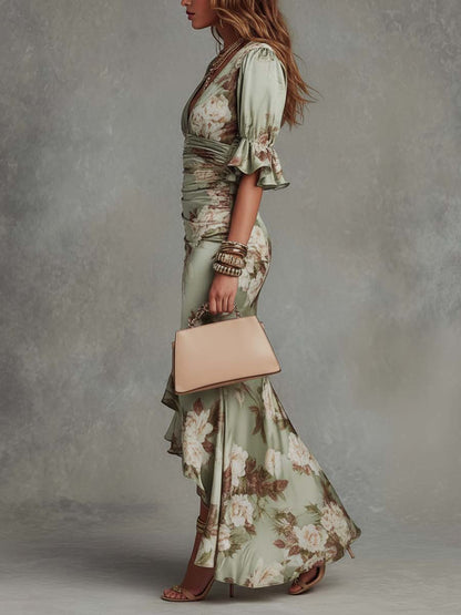 Ana - Green Satin Asymmetric V-Neck Maxi Dress