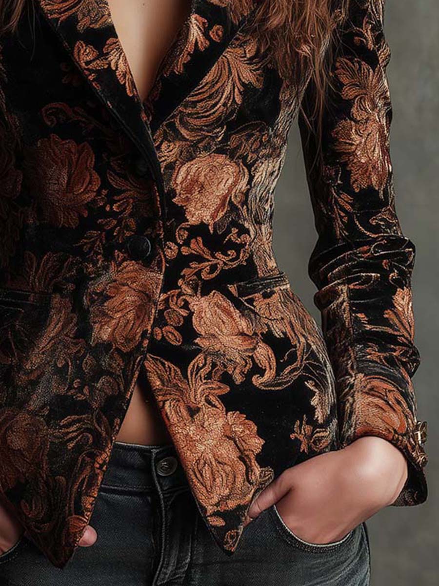Bertille | Blazer Sartoriale con Stampa Floreale Nero e Bronzo