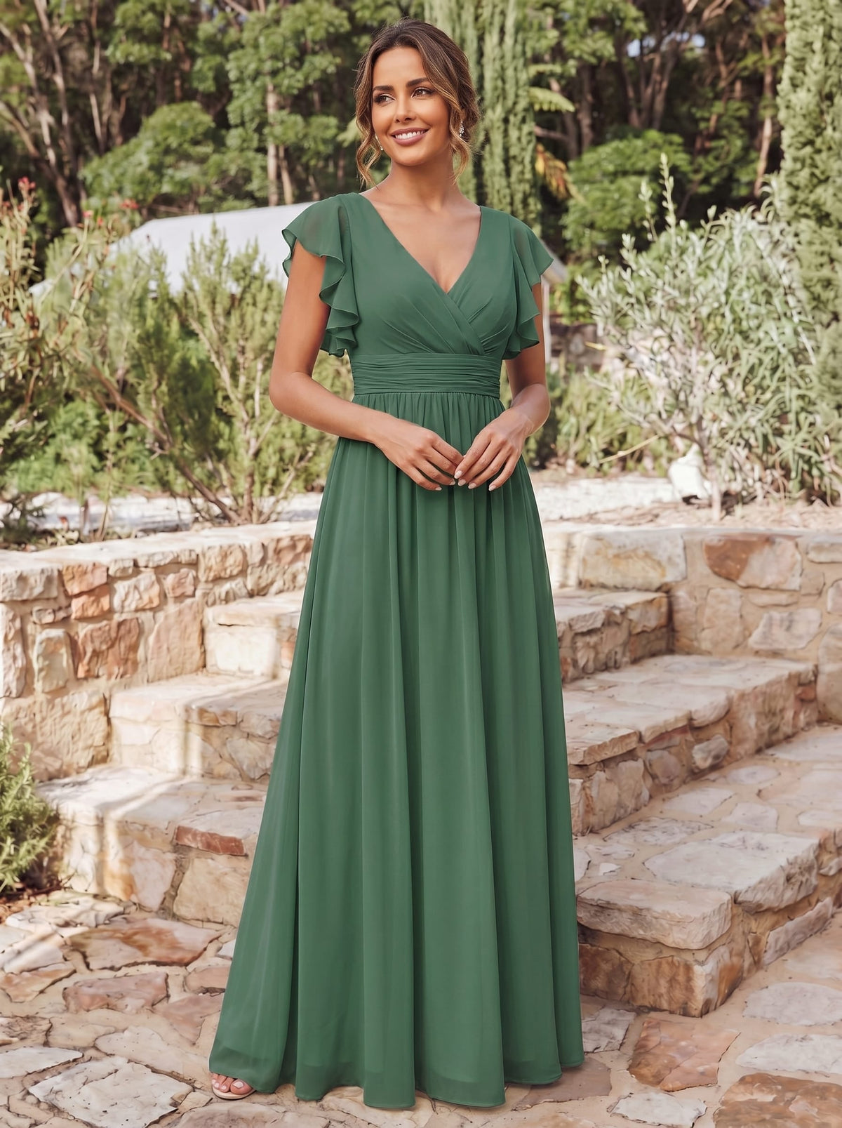 ever LILYANA|Robe demoiselle d'honneur en mousseline manches plissées avec découpe au dos