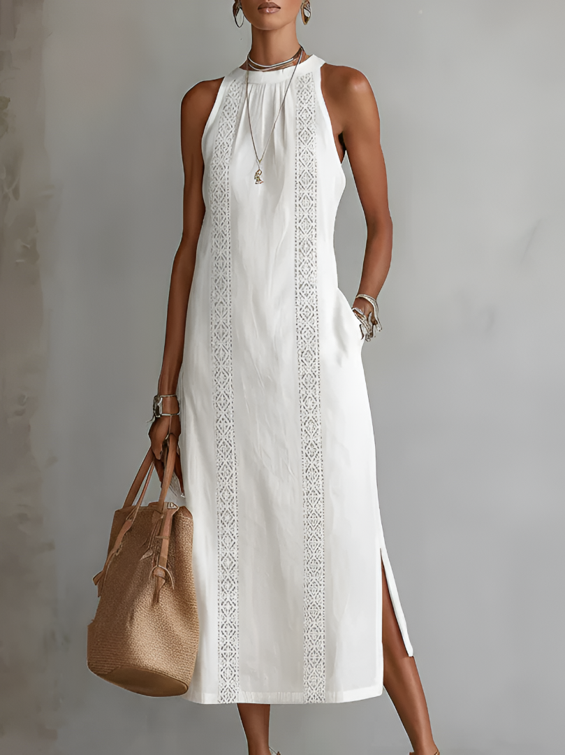 Sofia | Cotton and Linen Midi Dress with Mandarin Collar