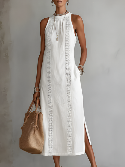 Sofia | Cotton and Linen Midi Dress with Mandarin Collar