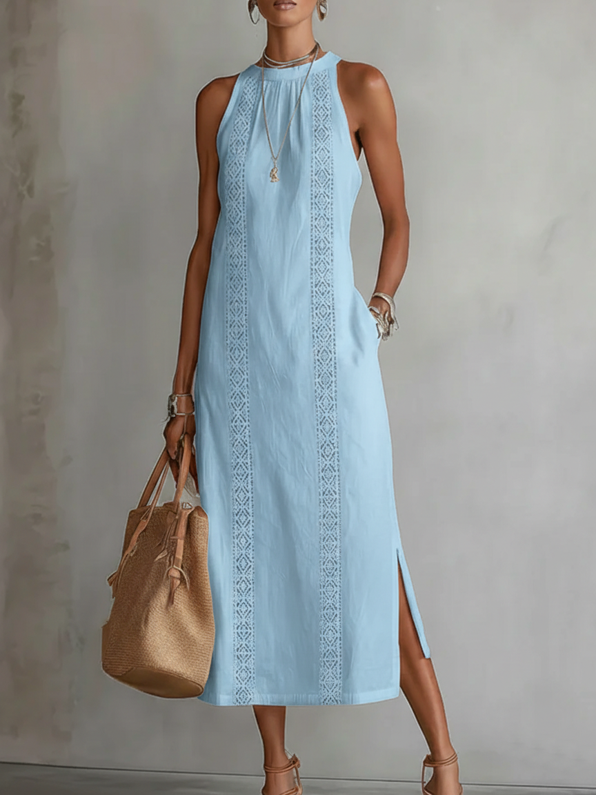 Sofia | Cotton and Linen Midi Dress with Mandarin Collar