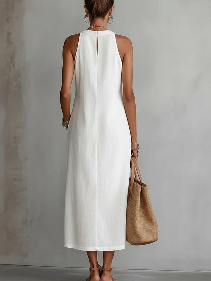 Sofia | Cotton and Linen Midi Dress with Mandarin Collar