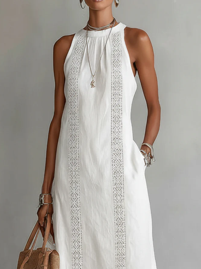 Sofia | Cotton and Linen Midi Dress with Mandarin Collar