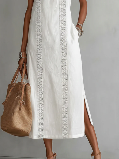 Sofia | Cotton and Linen Midi Dress with Mandarin Collar