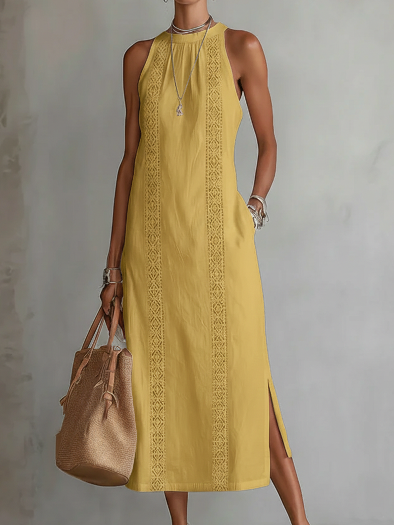 Sofia | Cotton and Linen Midi Dress with Mandarin Collar