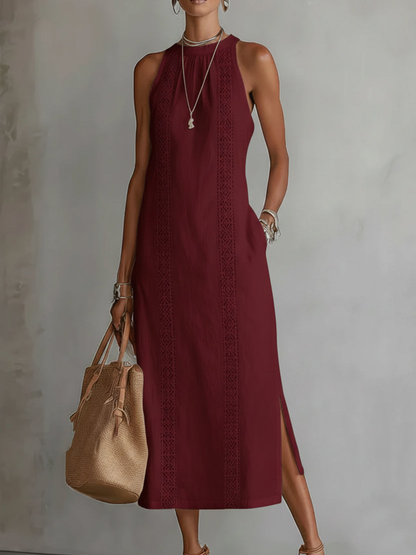 Sofia | Cotton and Linen Midi Dress with Mandarin Collar