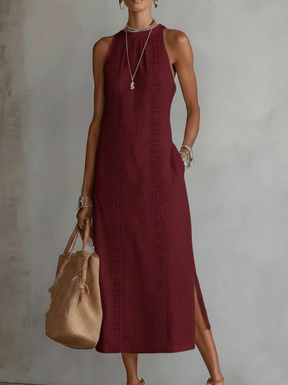 Sofia | Cotton and Linen Midi Dress with Mandarin Collar
