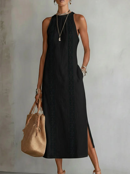Sofia | Cotton and Linen Midi Dress with Mandarin Collar